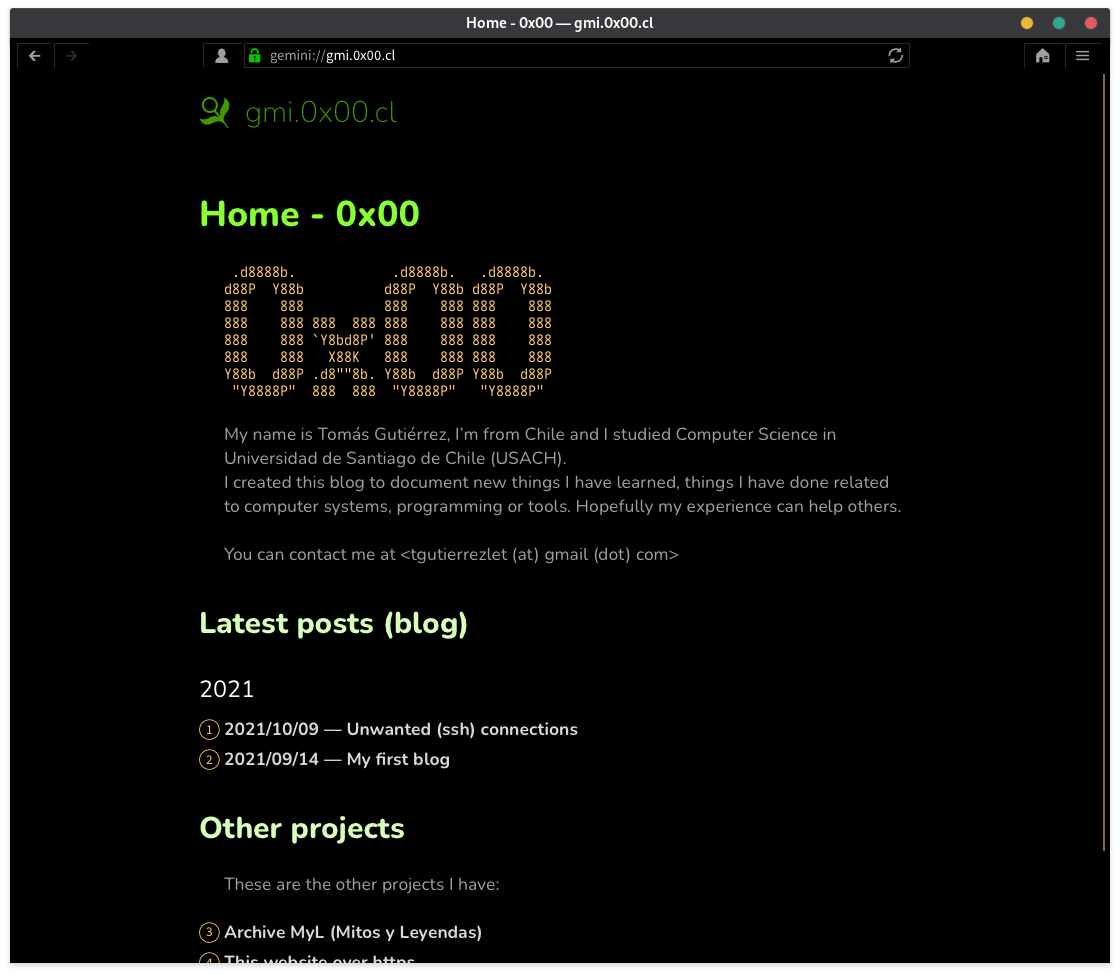 Lagrange browser displaying home of 0x00.cl over the gemini protocol