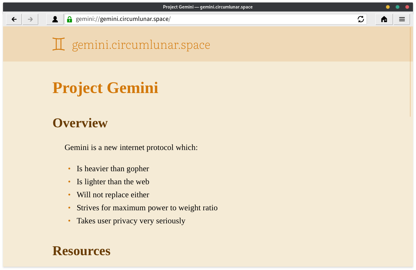 Lagrange browser displaying gemini website over Gemini protocol