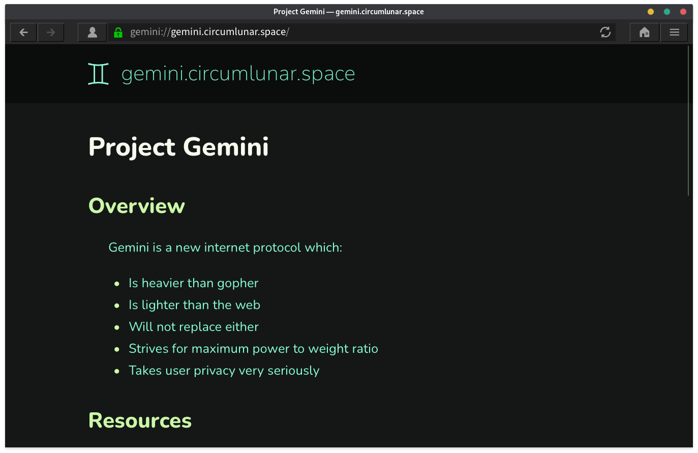 Lagrange browser displaying gemini website over Gemini protocol