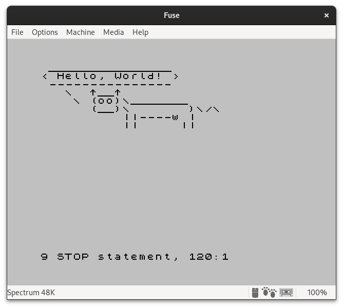 Cowsay running in Fuse (ZX Spectrum emulator)