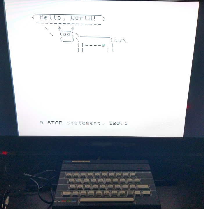 Cowsay running in the Timex Computer 2048