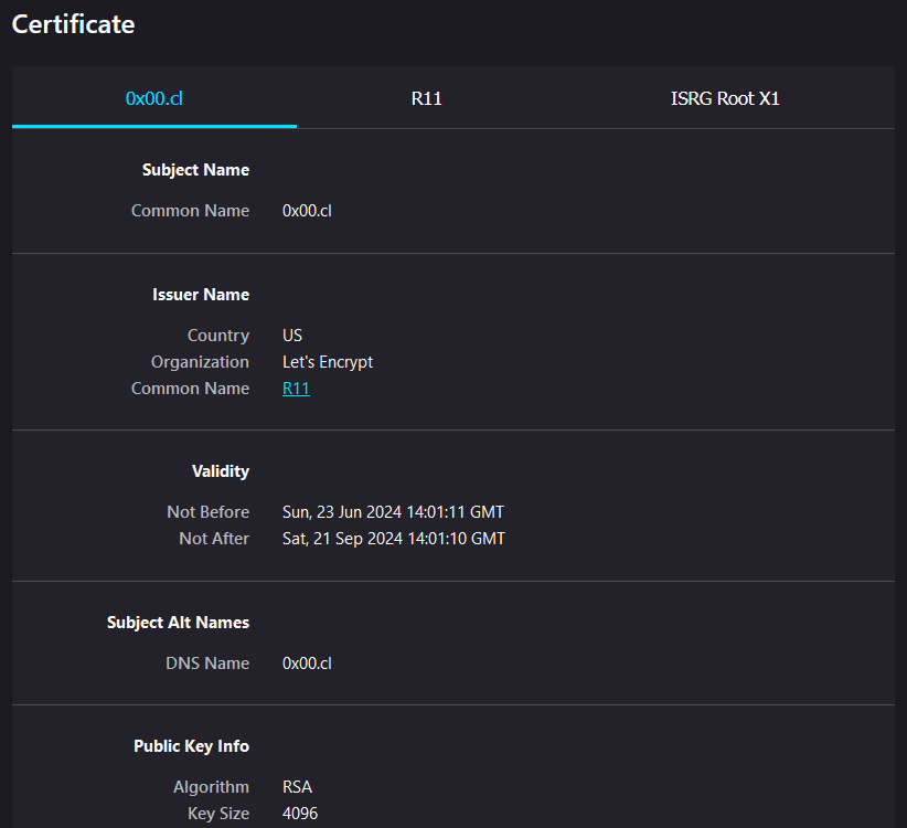 A TLS certificate of 0x00.cl