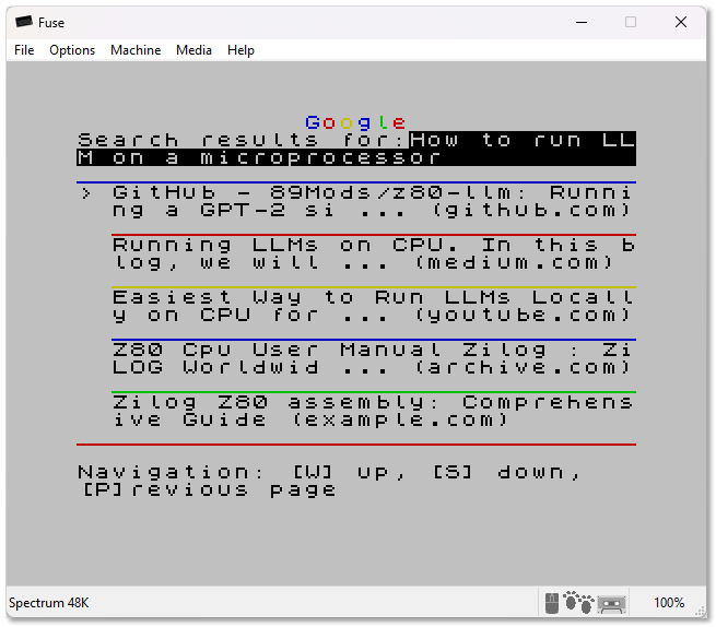 Google search results in the ZX Spectrum