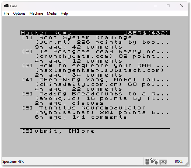 Hacker news homepage in the ZX Spectrum