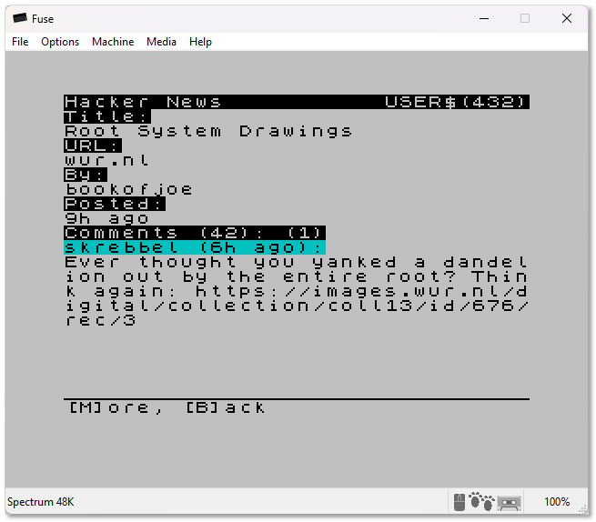 Hacker news detail post in the ZX Spectrum