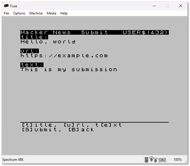 Hacker news submit new post in the ZX Spectrum